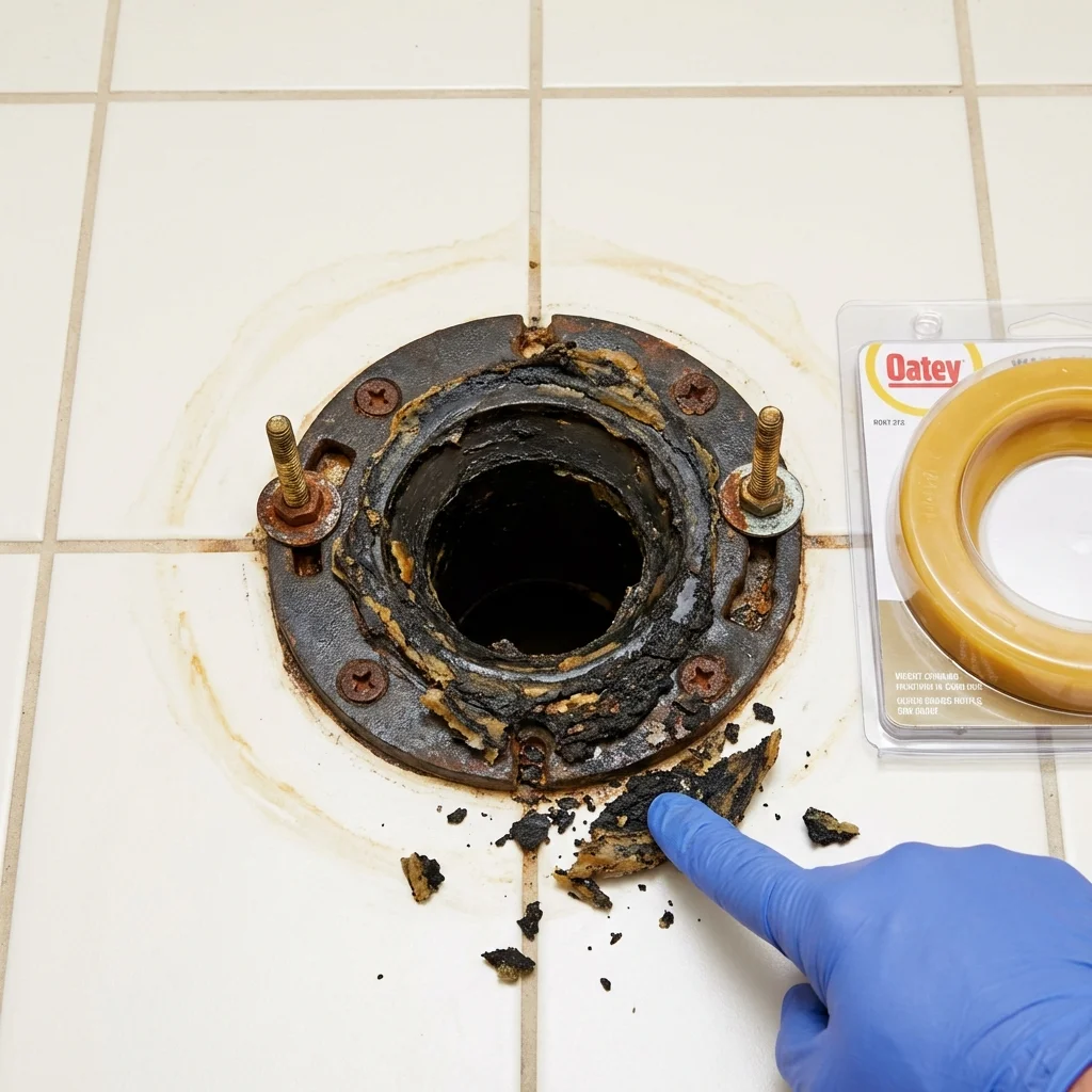 Failed wax ring showing water seepage at the base of a toilet in a Lansing, MI home